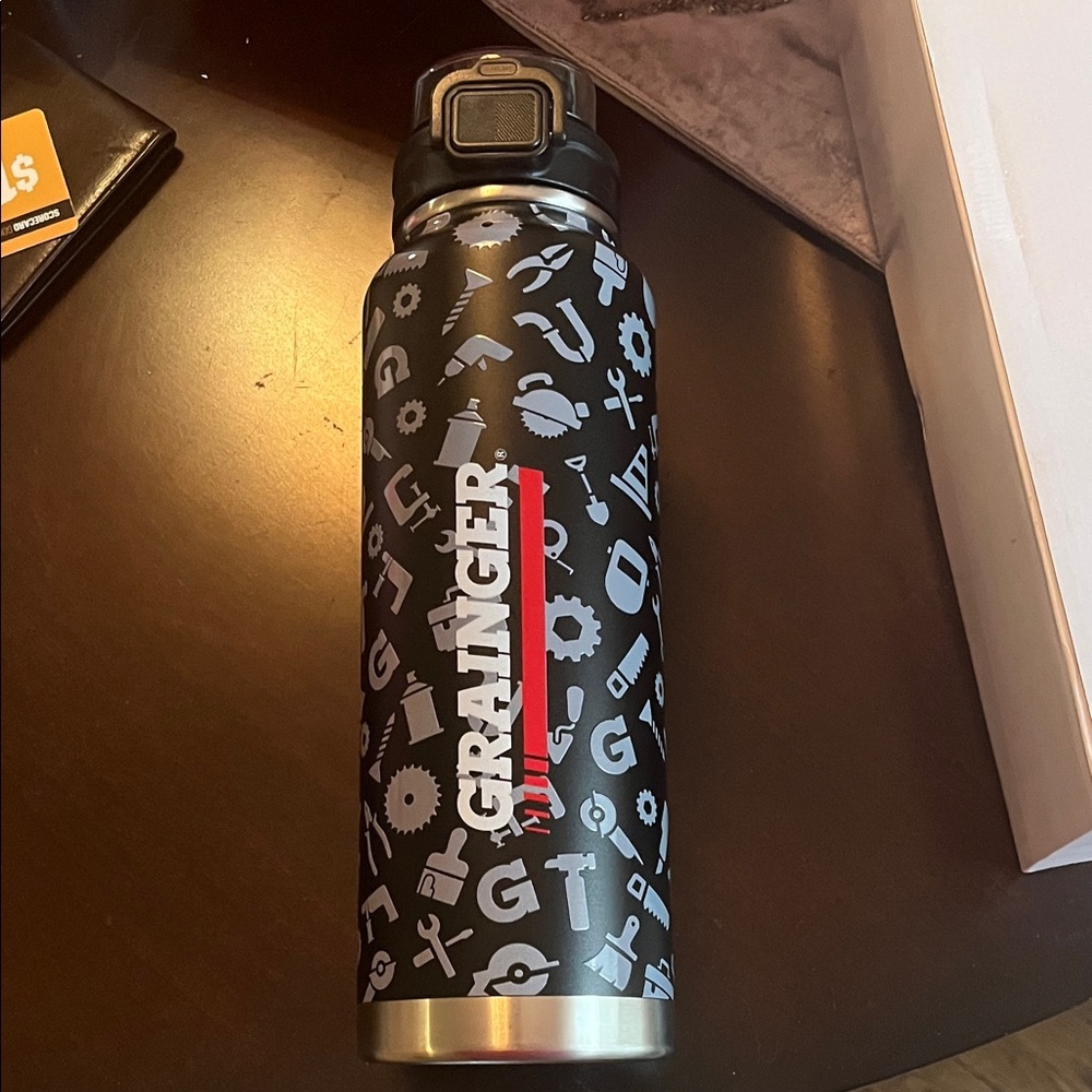 Grainger Logo Stainless Insulated Water Bottle - Black with Gray Icons NWT